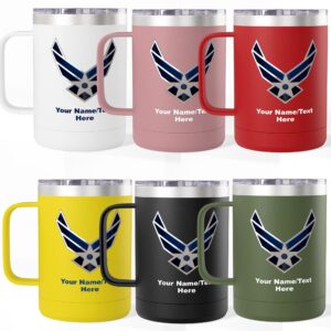 personalized u.s. air force modern logo 15oz travel mug – custom name, rank or message | insulated military coffee tumbler