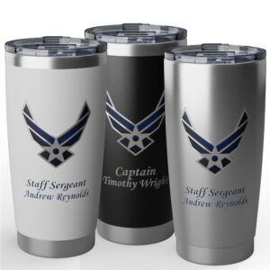personalized u.s. air force 20oz insulated tumbler with name, rank & unit – custom air force travel mug (black, silver, white)