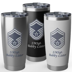 personalized u.s. air force rank 20oz insulated tumbler – custom military cup with name, rank & unit (black, silver, white)