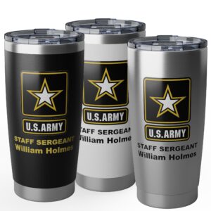 personalized u.s. army 20oz insulated tumbler – custom rank, name or message travel mug – black, silver or white