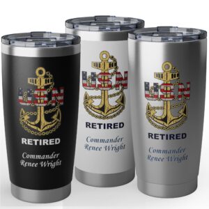 personalized u.s. navy anchor 20oz tumbler – patriotic american flag usn insulated travel mug | custom rank, name or message (black, silver, white)