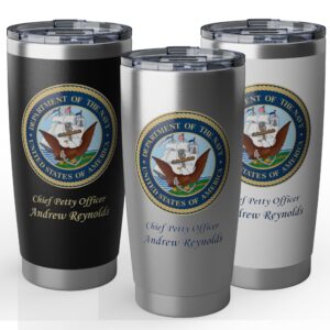 personalized u.s. navy 20oz insulated tumbler – custom rank, name or message | military navy gift | stainless steel travel mug (black, silver, white)