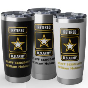 personalized u.s. army retired 20oz insulated tumbler – custom rank, name or message – military retirement gift (black, silver, white)