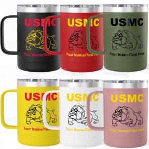 custom usmc bulldog 15oz travel mug – personalized marine corps tumbler with name, rank or custom text