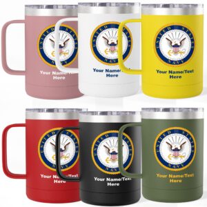 personalized u.s. navy 15oz insulated travel mug – custom navy seal coffee tumbler with name, rank, ship & unit (6 colors)