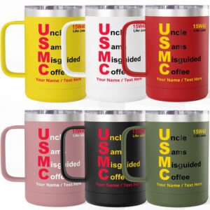 personalized usmc “uncle sam’s misguided coffee” 15oz travel mug – custom marine corps 15w40 coffee tumbler with name, rank or message