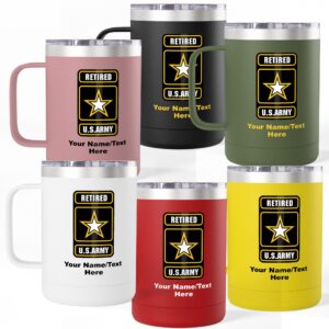 personalized u.s. army retired 15oz travel mug tumbler with handle – custom name, rank or message – insulated veteran gift (6 colors)