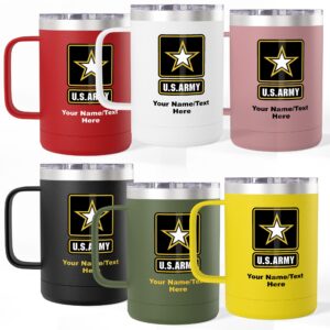 personalized u.s. army 15oz travel mug tumbler with handle – custom rank, name or message – insulated military coffee mug (6 colors)