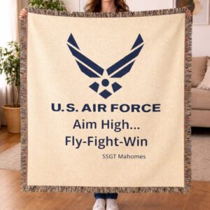 personalized u.s. air force woven blanket – custom usaf aim high fly fight win military blanket