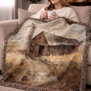 patriotic rustic barn woven blanket – vintage farmhouse blanket – country barn throw – 100% cotton woven blanket