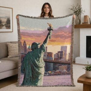 patriotic statue of liberty woven blanket – vintage nyc skyline cotton throw | 3 sizes available