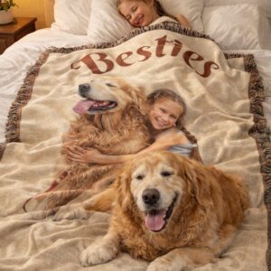 personalized pet photo woven blanket – custom dog, cat, bestie cotton tapestry | 3 sizes available