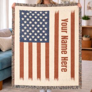 personalized american flag woven blanket – custom patriotic blanket – veteran, military, family gift