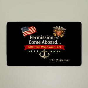 personalized u.s. navy "permission to come aboard" doormat – custom navy family welcome mat – military navy home decor gift