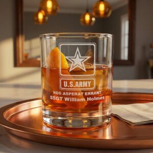personalized u.s. army star engraved whiskey glass – custom 10.5oz rocks glass with rank, name & message