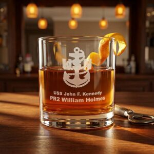 personalized u.s. navy engraved whiskey glass – custom 10.5oz rocks glass with name, rank & ship