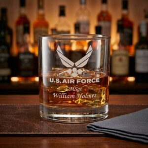 personalized u.s. air force engraved whiskey glass – custom rank, name & message 10.5oz rocks glass gift