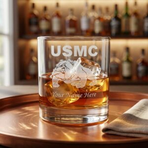 personalized usmc bulldog engraved whiskey glass – custom u.s. marine corps 10.5oz rocks glass with name, rank & unit
