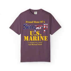 proud marine mom in gold letters shirt – personalized “semper fi” usmc t shirt | custom name, rank & message | comfort colors 1717