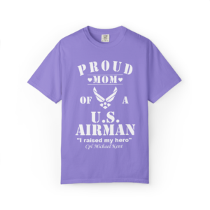 proud u.s. airman mom shirt – personalized air force family tee with custom name, rank & quote | comfort colors 1717